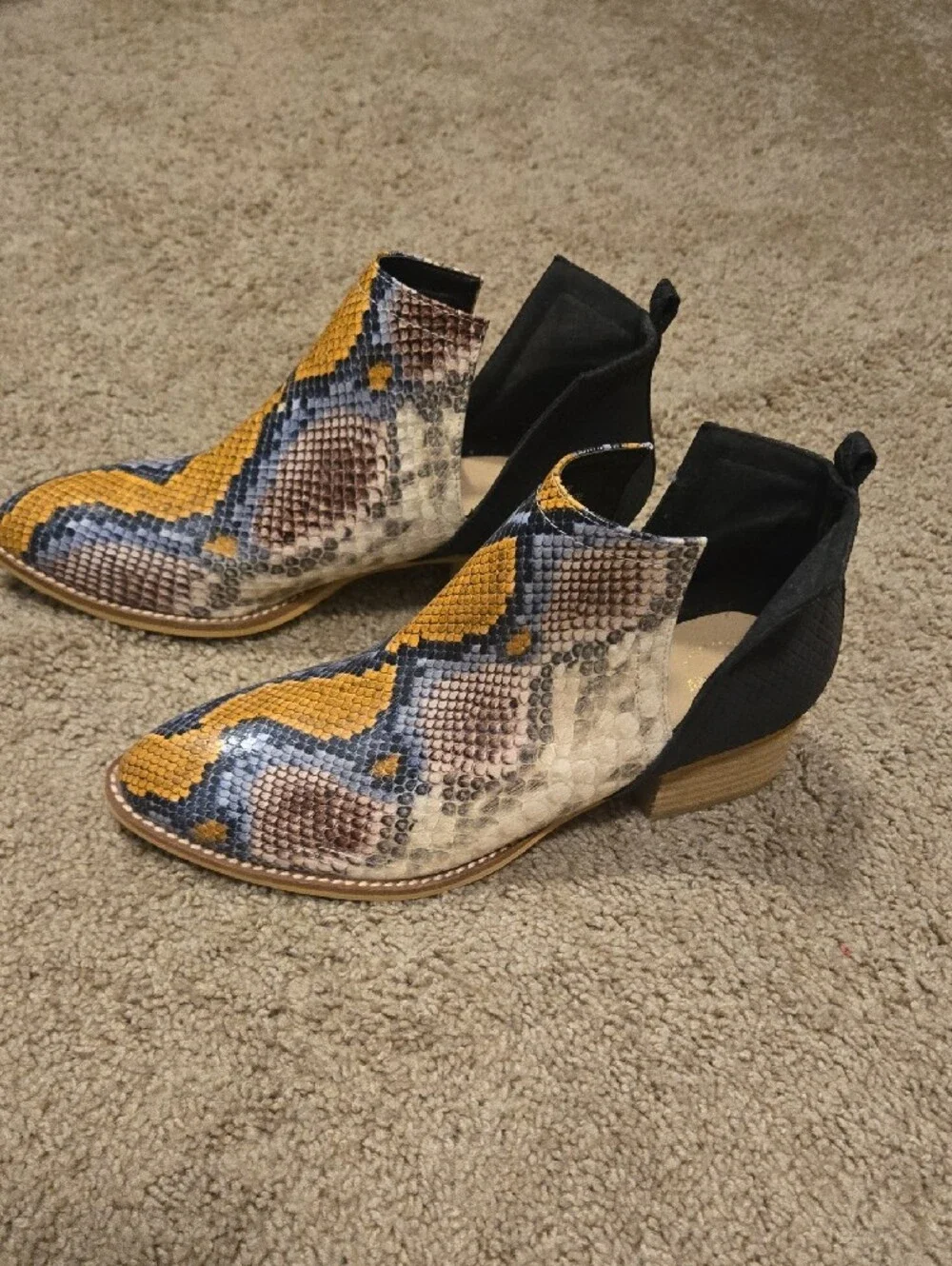 Snake-Print Pointed Toe Ankle Boots in Mustard, Blue & Cream
